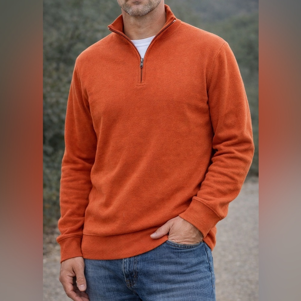 Kirkland Signature Men’s L Orange Quarter Zip Sweater Cotton Pullover Casual